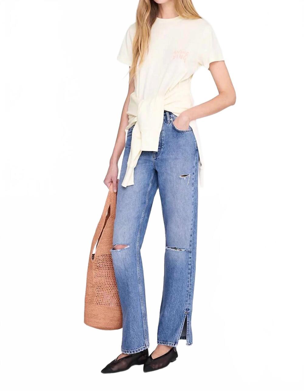 NEW ANINE BING women's shelley surfer tee in washed buttercream